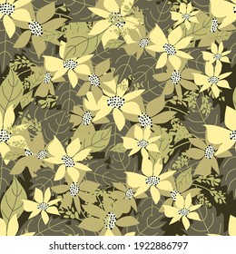 vector cute pattern with yellow cute little flowers on dark neutral background, floral pattern for fabric and for wrapping paper