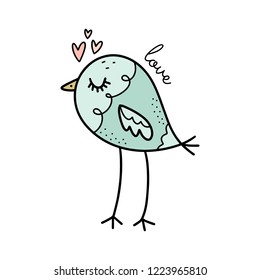 Vector cute patterned bird in love. Poster and banner element, children's book illustration, Valentine postcard, gift card, print for t-shirt and more, sticker, label and other. Isolated on white