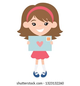 Vector Cute Pen Pal Girl With Envelope Illustration. Perfect For Scrapbooking, Kids, Valentines Day, Pen Pals, Love, Stationery, Parties, Clothing, And Home Decor Projects.