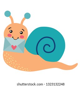 Vector Cute Pen Pal Snail with Envelope Illustration. Perfect for scrapbooking, kids, Valentines Day, pen pals, love, stationery, parties, clothing, and home decor projects.