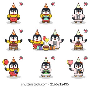 Vector of Cute Penguin in Birthday Party. Set of cute little Penguin characters. Collection of funny Penguin isolated on a white background.