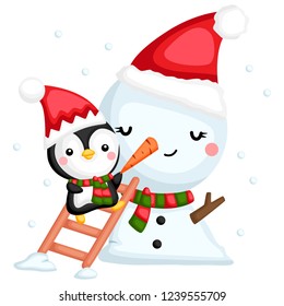 a vector of a cute penguin building a snowman