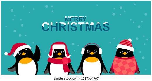 Vector cute penguin characters wearing cold weather outfit for Christmas card