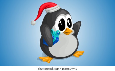 Vector cute penguin in Christmas hat with gift in cartoon style