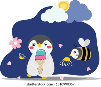 vector of cute penguin eat ice cream and wear bee costume in the night illustration. flowers flow in the dark blue sky.
