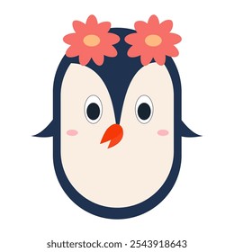 Vector of a cute penguin face with flowers on its head.