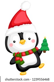 a vector of a cute penguin holding small tree