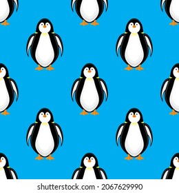Vector Cute Penguin Icon Isolated on Blue Background. Seamless Pattern.