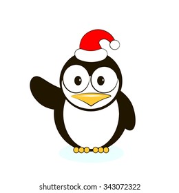 Vector of cute penguin in red Santa's hat isolated.