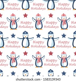 Vector cute penguins with text and stars horizontal lines seamless pattern background on white surface