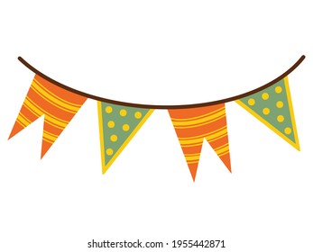 Icono vector lindos pennants. Hermosas banderas de colores rojo, amarillo y verde. Banderas a rayas, banderas de puntos de polka. Mariscos aislados en un fondo blanco. Estilo de caricatura plano.