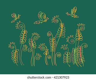 Vector cute picture with hand-drawn flowers and dragonfly