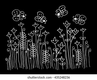 
Vector cute picture with hand-drawn flowers and butterfly
