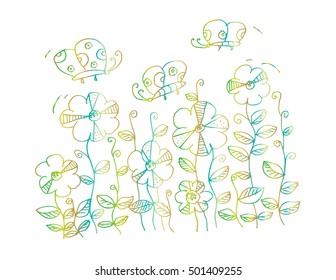 Vector cute picture with hand-drawn flowers and butterfly 