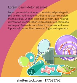 Vector. Cute pictures of fitness objects on bright background with place for your text. Wellness.