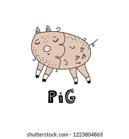 Vector cute pig art. Poster and banner element, children's book illustration, postcard, gift card, print, sticker, label and other. Isolated on white background.