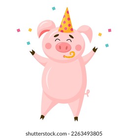 Vector cute pig cartoon character in birthday isolated on white background. Funny piggy