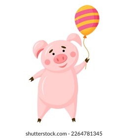 Vector cute pig cartoon character with balloon isolated on white background. Funny piggy illustration.