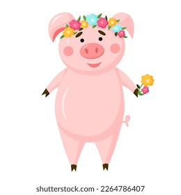 Vector cute pig cartoon character with flowers isolated on white background. Funny piggy illustration.