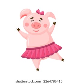 Vector cute pig dancing in ballet tutu cartoon character isolated on white background. Funny piggy illustration.