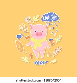 Vector Cute pig. Fashion animals. Autumn design. Pigs stickers. Symbol of 2019 on the Chinese calendar. Funny character.