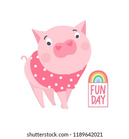 Vector Cute pig. Funny animals. Pigs illustration isolated on white. Symbol of Happy New Year 2019 on the Chinese calendar. Kids print.