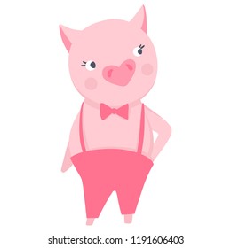 Vector Cute pig. Funny animals. Pigs illustration isolated on white. Symbol of 2019 on the Chinese calendar. Kids print.