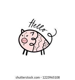 Vector cute pig girl saying Hello. Poster and banner element, children's book illustration, postcard, gift card, print, sticker, label and other. Isolated on white background.