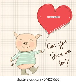 vector of cute pig holding a red heart balloon with the message of can you love me too? Idea of invitation card, greeting for valentine, decoration, wedding, anniversary. love, happiness background