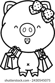 a vector of a cute pig with money related objects in black and white coloring
