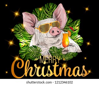 Vector cute pig in palm leaves. Pig in glasses with a cocktail in his hand. New year symbol 2019. Template for design of cards, calendars, posters