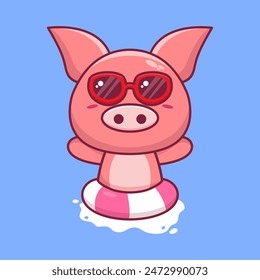 Vector cute pig in sunglasses floating with swimming. flat cartoon style