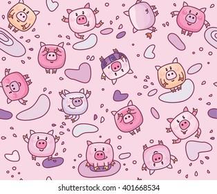 Vector cute pigs cartoons seamless pattern.