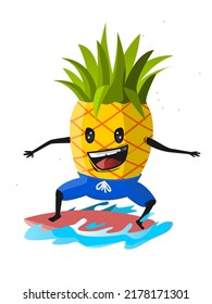 A vector of cute pineapple surfing on the red surfing board. summer, holiday, recreation, sport.
