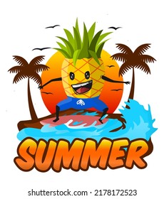 A vector of cute pineapple surfing on summer. poster, summer, vacation, sport, wave, ocean, beach, sunset.