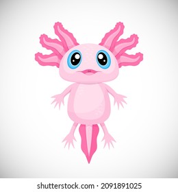 Vector Cute Pink Axolotl. Cartoon Character. Funny Animal Illustration. Isolated on White Background.