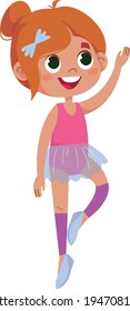 Vector cute pink ballerina girl isolated on white background. Pink dress. Kid dancing illustration.
