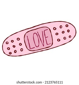 Vektor süß rosa Bandage Text Liebe. Doodle auf isoliertem Hintergrund. Print, Banner, Broschüre.