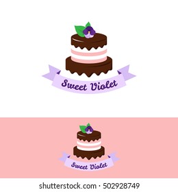 Vector cute pink cake logo with chocolate and violet flower on the top. Wedding cake store logo. Sweets shop logo.