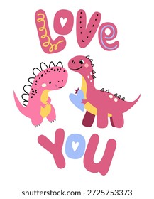 Vector lindo dinosaurio rosa personaje de dibujos animados Ilustración vectorial plana aislada sobre fondo blanco. Personaje lindo del dino de la muchacha para los niños. Tarjeta del día de San Valentín feliz