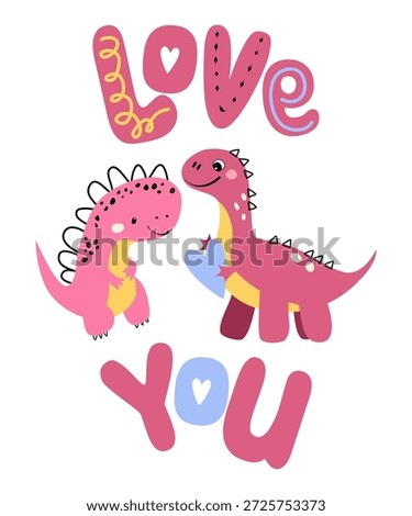 Vector cute pink dinosaur cartoon character flat vector illustration isolated on white background. Girly dino cute character for kids. Hapy Valentine's Day card