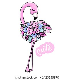 Vector Cute pink flamingo. Tropical bird isolated on white background. Cartoon hand drawn flamingo with flowers. Funny character for kids. Isolated element for stickers, cards, invites and posters