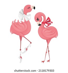Vector cute pink flamingos with bow, ballerina illustration.