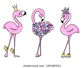 Vector cute Pink flamingos set with crown and flowers. Summer illustration. Tropical bird isolated on white background. Fashion animals.