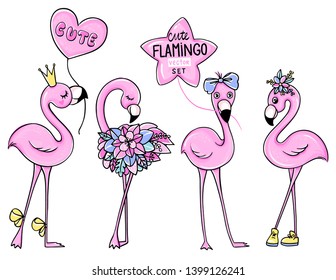 Vector cute Pink flamingos set with crown and flowers. Summer illustration. Tropical bird isolated on white background. Fashion animals. Can used for print design, greeting card, baby shower.