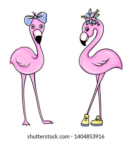 Vector cute Pink flamingos set. Summer illustration. Tropical bird isolated on white background. Cartoon hand drawn flamingo.