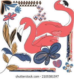 Vector cute Pink flamingos. Summer illustration. Tropical bird isolated on white background. Fashion animals. Can used for print design, greeting card, baby shower.