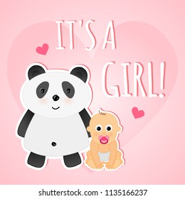 Vector cute pink greeting shower card it's a girl with baby and panda.
