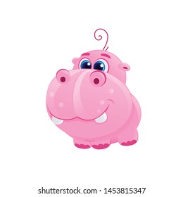 vector cute pink hippo with big blue eyes volume icon child alphabet, african animal from zoo isolated on white, print for t-shirt, funny sticker  hippopotamus cub eps 10 letter H abc for kids