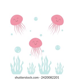 Vector cute pink jellyfish in kawaii style, seaweed, water bulbs, on a white background. Marine design eps 10. For children's clothing, postcards, prints.